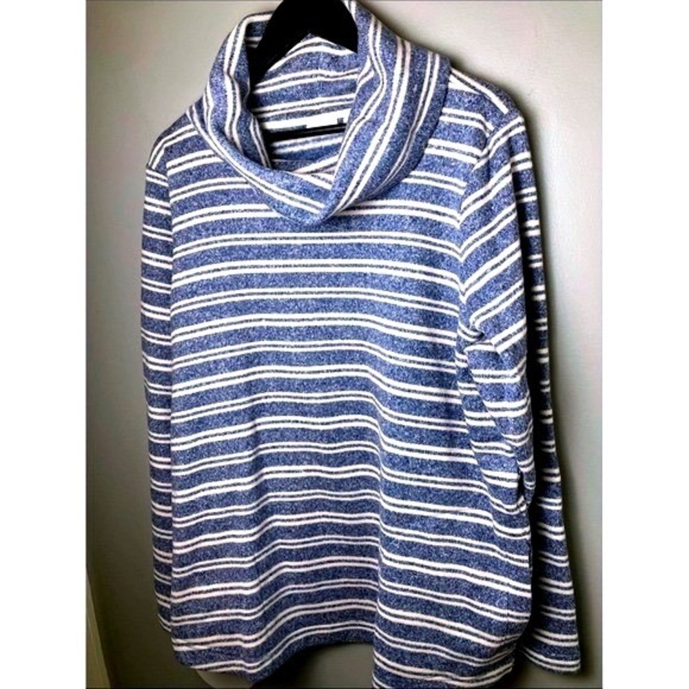 L.L. Bean Blue Striped Cowl Neck Top Women's Plus Size 1X Pockets Cozy